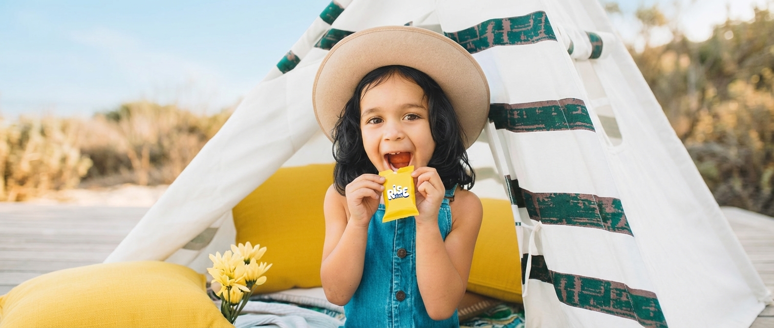 Happy child enjoying Rise Kids snacks